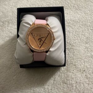 Guess Rose Gold Dial Watch with Pink Leather Strap and Crystal Bezel